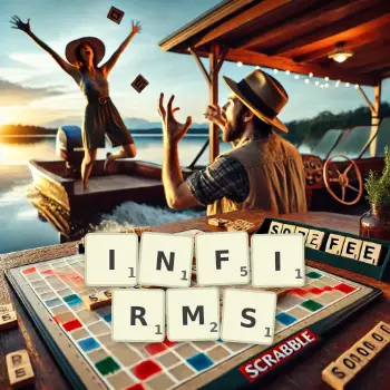 Creative illustration for a Scrabble game with the word INFIRMS spelled out in tiles on the board.