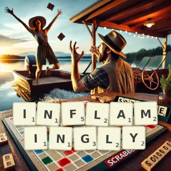 Creative illustration for a Scrabble game with the word INFLAMINGLY spelled out in tiles on the board.