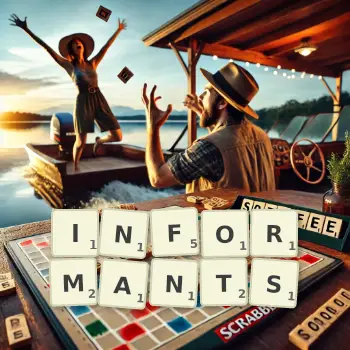 Creative illustration for a Scrabble game with the word INFORMANTS spelled out in tiles on the board.