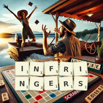 Creative illustration for a Scrabble game with the word INFRINGERS spelled out in tiles on the board.