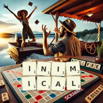 Creative illustration for a Scrabble game with the word INIMICAL spelled out in tiles on the board.