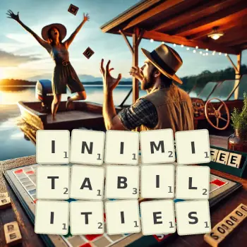 Creative illustration for a Scrabble game with the word INIMITABILITIES spelled out in tiles on the board.
