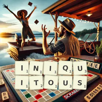 Creative illustration for a Scrabble game with the word INIQUITOUS spelled out in tiles on the board.