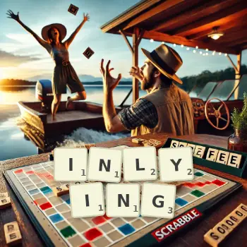 Creative illustration for a Scrabble game with the word INLYING spelled out in tiles on the board.