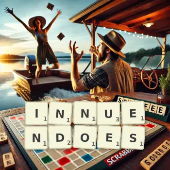 Creative illustration for a Scrabble game with the word INNUENDOES spelled out in tiles on the board.