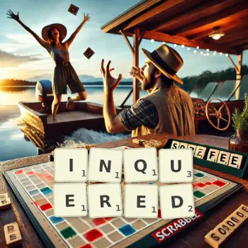 Creative illustration for a Scrabble game with the word INQUERED spelled out in tiles on the board.