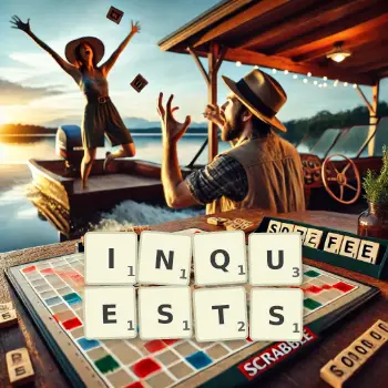 Creative illustration for a Scrabble game with the word INQUESTS spelled out in tiles on the board.