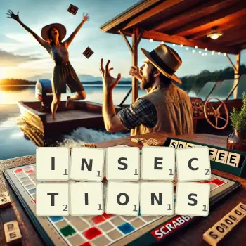 Creative illustration for a Scrabble game with the word INSECTIONS spelled out in tiles on the board.