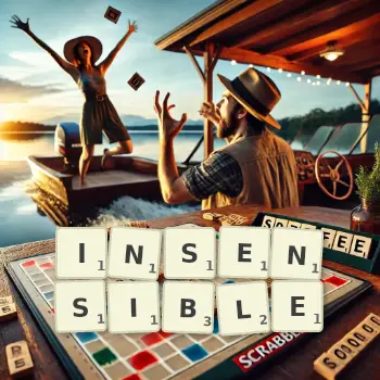 Creative illustration for a Scrabble game with the word INSENSIBLE spelled out in tiles on the board.