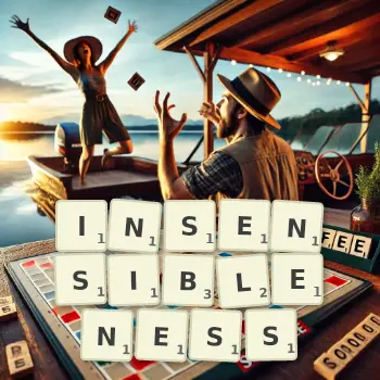 Creative illustration for a Scrabble game with the word INSENSIBLENESS spelled out in tiles on the board.