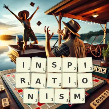 Creative illustration for a Scrabble game with the word INSPIRATIONISM spelled out in tiles on the board.