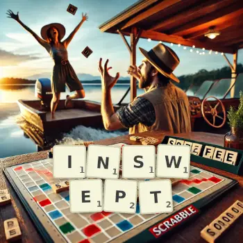 Creative illustration for a Scrabble game with the word INSWEPT spelled out in tiles on the board.