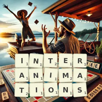 Creative illustration for a Scrabble game with the word INTERANIMATIONS spelled out in tiles on the board.