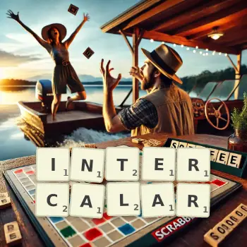 Creative illustration for a Scrabble game with the word INTERCALAR spelled out in tiles on the board.