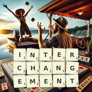 Creative illustration for a Scrabble game with the word INTERCHANGEMENT spelled out in tiles on the board.