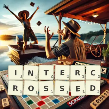 Creative illustration for a Scrabble game with the word INTERCROSSED spelled out in tiles on the board.