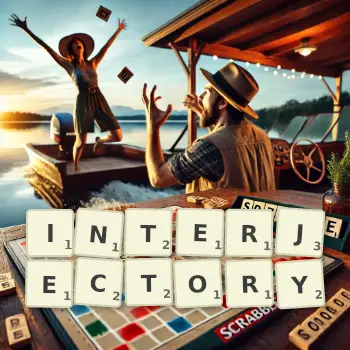 Creative illustration for a Scrabble game with the word INTERJECTORY spelled out in tiles on the board.