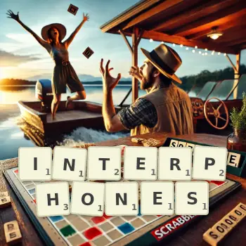 Creative illustration for a Scrabble game with the word INTERPHONES spelled out in tiles on the board.
