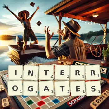 Creative illustration for a Scrabble game with the word INTERROGATES spelled out in tiles on the board.