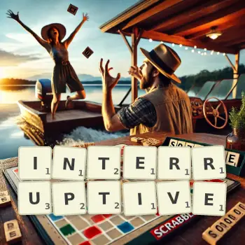 Creative illustration for a Scrabble game with the word INTERRUPTIVE spelled out in tiles on the board.