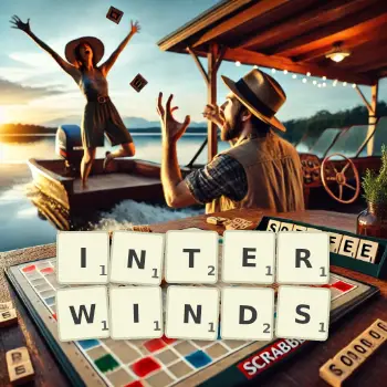 Creative illustration for a Scrabble game with the word INTERWINDS spelled out in tiles on the board.