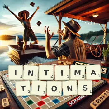 Creative illustration for a Scrabble game with the word INTIMATIONS spelled out in tiles on the board.