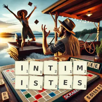 Creative illustration for a Scrabble game with the word INTIMISTES spelled out in tiles on the board.