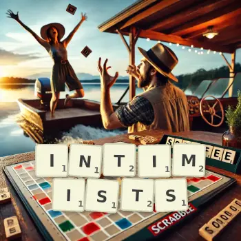 Creative illustration for a Scrabble game with the word INTIMISTS spelled out in tiles on the board.