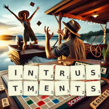 Creative illustration for a Scrabble game with the word INTRUSTMENTS spelled out in tiles on the board.