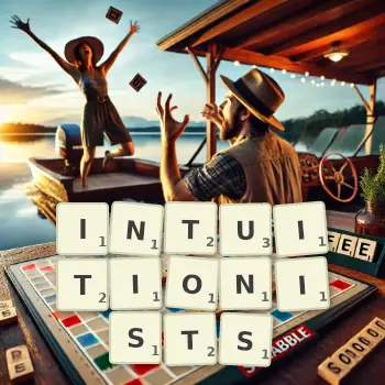 Creative illustration for a Scrabble game with the word INTUITIONISTS spelled out in tiles on the board.