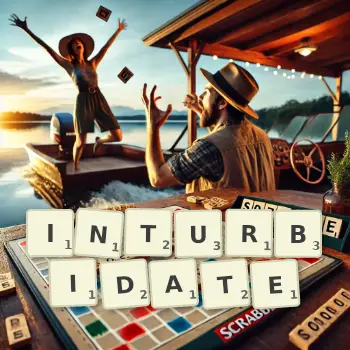 Creative illustration for a Scrabble game with the word INTURBIDATE spelled out in tiles on the board.