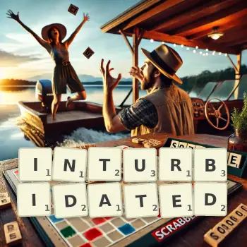 Creative illustration for a Scrabble game with the word INTURBIDATED spelled out in tiles on the board.