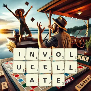 Creative illustration for a Scrabble game with the word INVOLUCELLATE spelled out in tiles on the board.