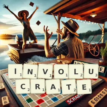 Creative illustration for a Scrabble game with the word INVOLUCRATE spelled out in tiles on the board.