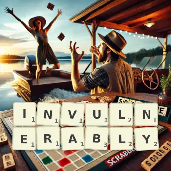 Creative illustration for a Scrabble game with the word INVULNERABLY spelled out in tiles on the board.