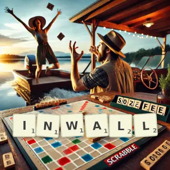 Creative illustration for a Scrabble game with the word INWALL spelled out in tiles on the board.