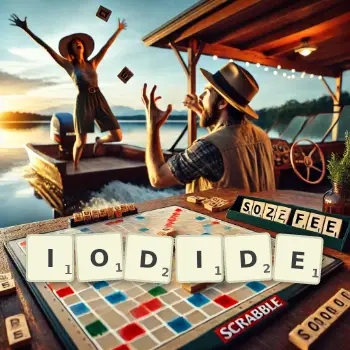 Creative illustration for a Scrabble game with the word IODIDE spelled out in tiles on the board.