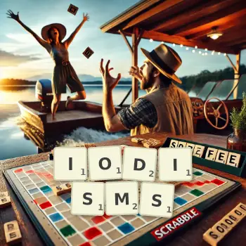 Creative illustration for a Scrabble game with the word IODISMS spelled out in tiles on the board.