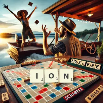 Creative illustration for a Scrabble game with the word ION spelled out in tiles on the board.