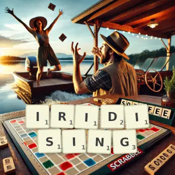 Creative illustration for a Scrabble game with the word IRIDISING spelled out in tiles on the board.
