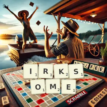 Creative illustration for a Scrabble game with the word IRKSOME spelled out in tiles on the board.