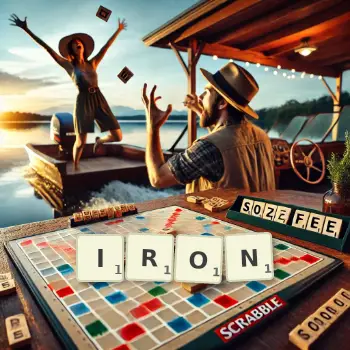 Creative illustration for a Scrabble game with the word IRON spelled out in tiles on the board.