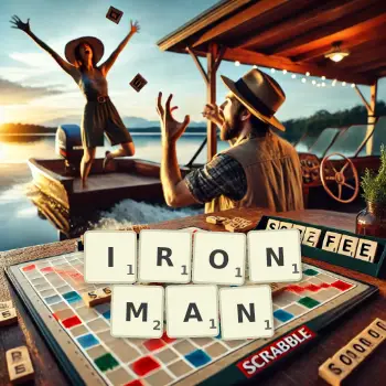Creative illustration for a Scrabble game with the word IRONMAN spelled out in tiles on the board.