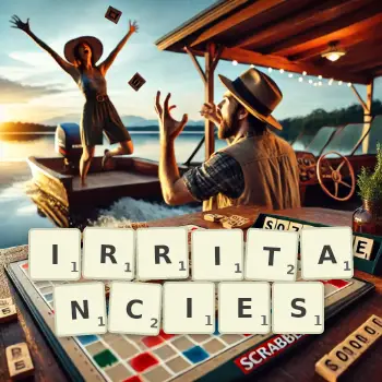 Creative illustration for a Scrabble game with the word IRRITANCIES spelled out in tiles on the board.