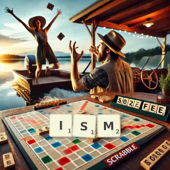 Creative illustration for a Scrabble game with the word ISM spelled out in tiles on the board.