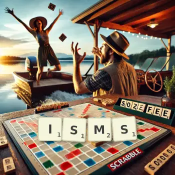 Creative illustration for a Scrabble game with the word ISMS spelled out in tiles on the board.