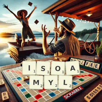 Creative illustration for a Scrabble game with the word ISOAMYL spelled out in tiles on the board.