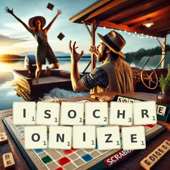 Creative illustration for a Scrabble game with the word ISOCHRONIZE spelled out in tiles on the board.