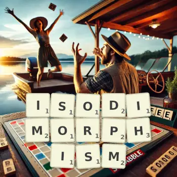 Creative illustration for a Scrabble game with the word ISODIMORPHISM spelled out in tiles on the board.