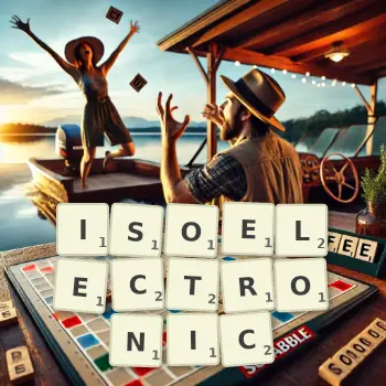 Creative illustration for a Scrabble game with the word ISOELECTRONIC spelled out in tiles on the board.